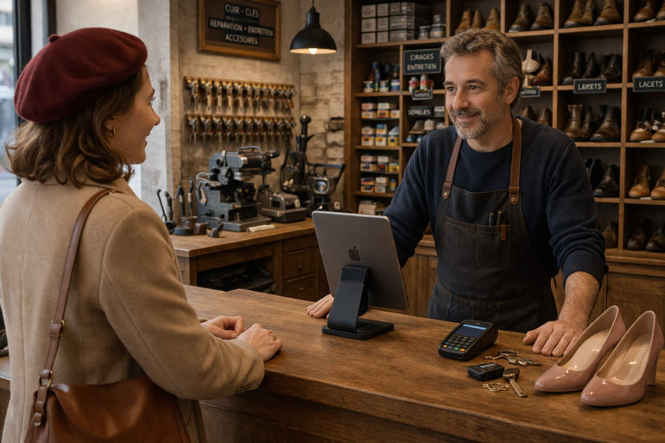 Comptoir de cordonnerie multiservice avec iPad, vente et fidélité client