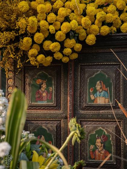 Floral detail and Backdrop — Haldi decor — The Leela Jaipur