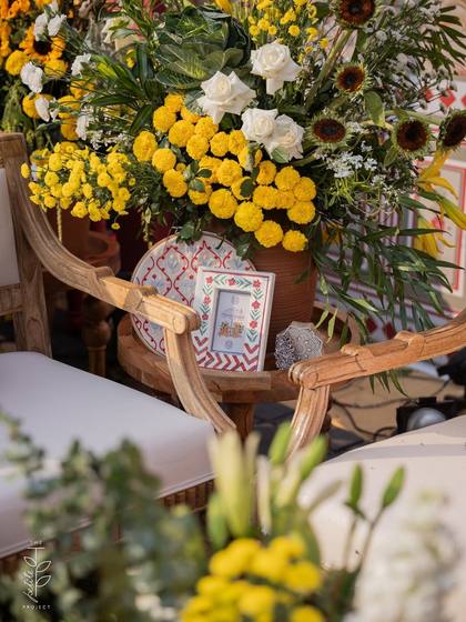 Lounge and Floral detail — Haldi decor — The Leela Jaipur