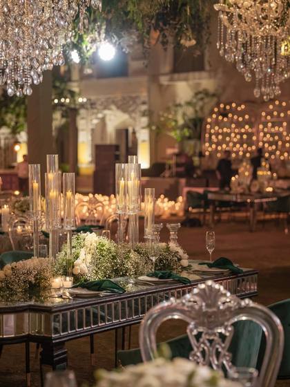 Tablescape and Ceiling — Reception decor — The Leela Jaipur