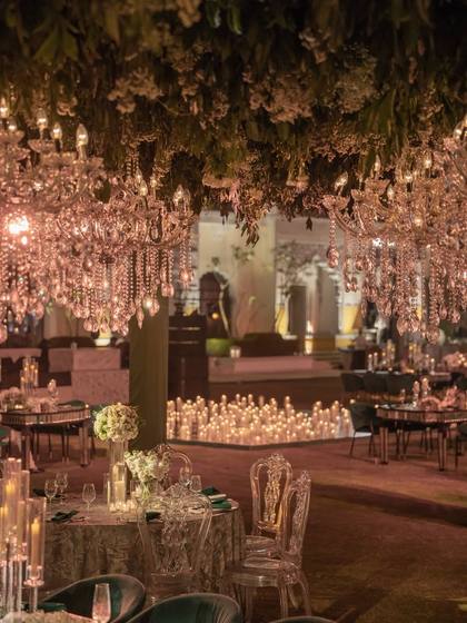Ceiling and Tablescape — Reception decor — The Leela Jaipur