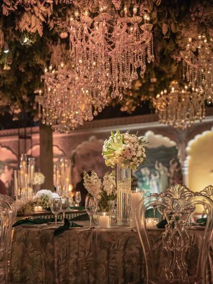 Ceiling and Tablescape — Reception decor — The Leela Jaipur