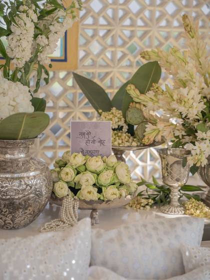 Floral detail and Signage — Mehendi decor — The Leela Jaipur