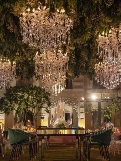 Ceiling and Tablescape — Reception decor — The Leela Jaipur