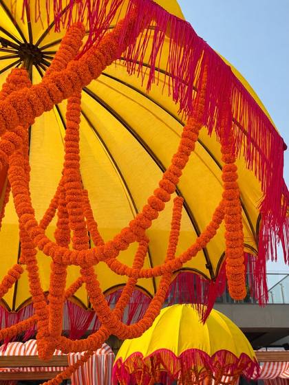 Ceiling and Floral detail — Haldi decor — Merlis Coimbatore