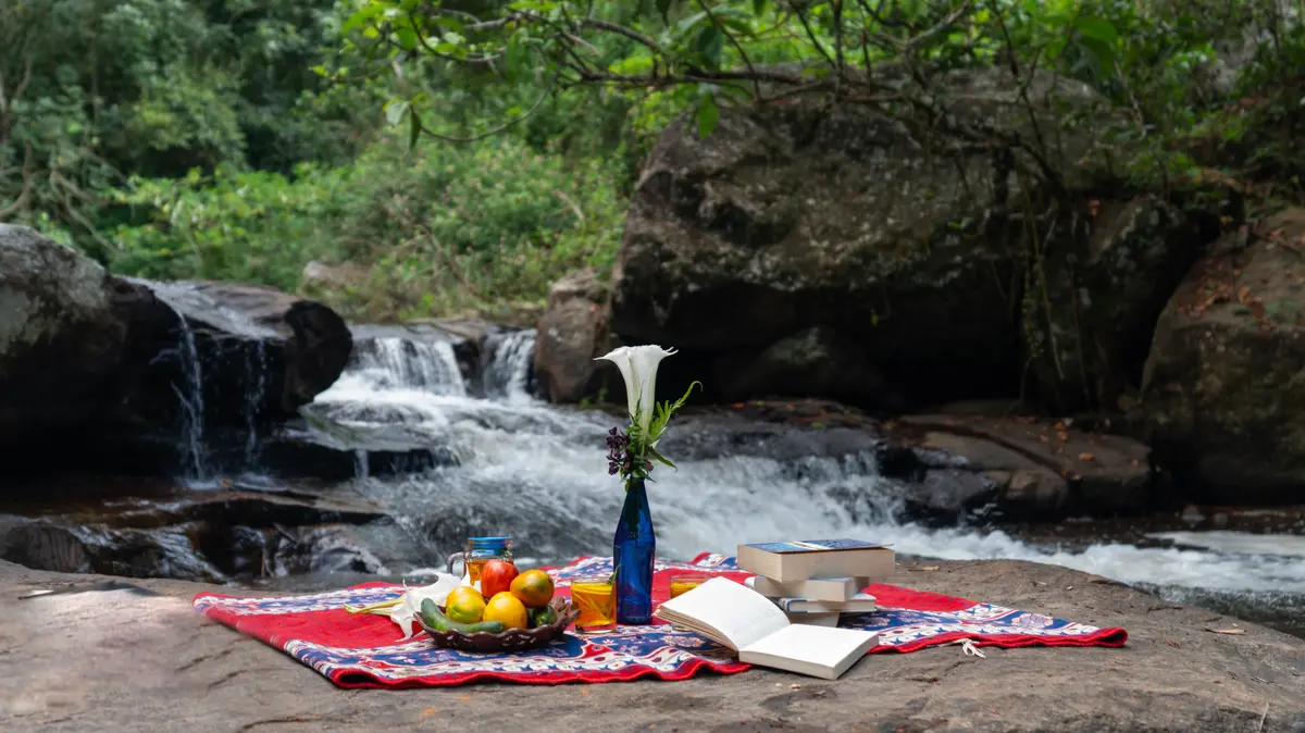 Enjoy a dreamy picnic setup by the waterfall.