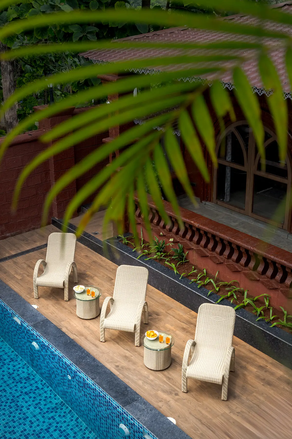Dive into the pool with forts as your backdrop