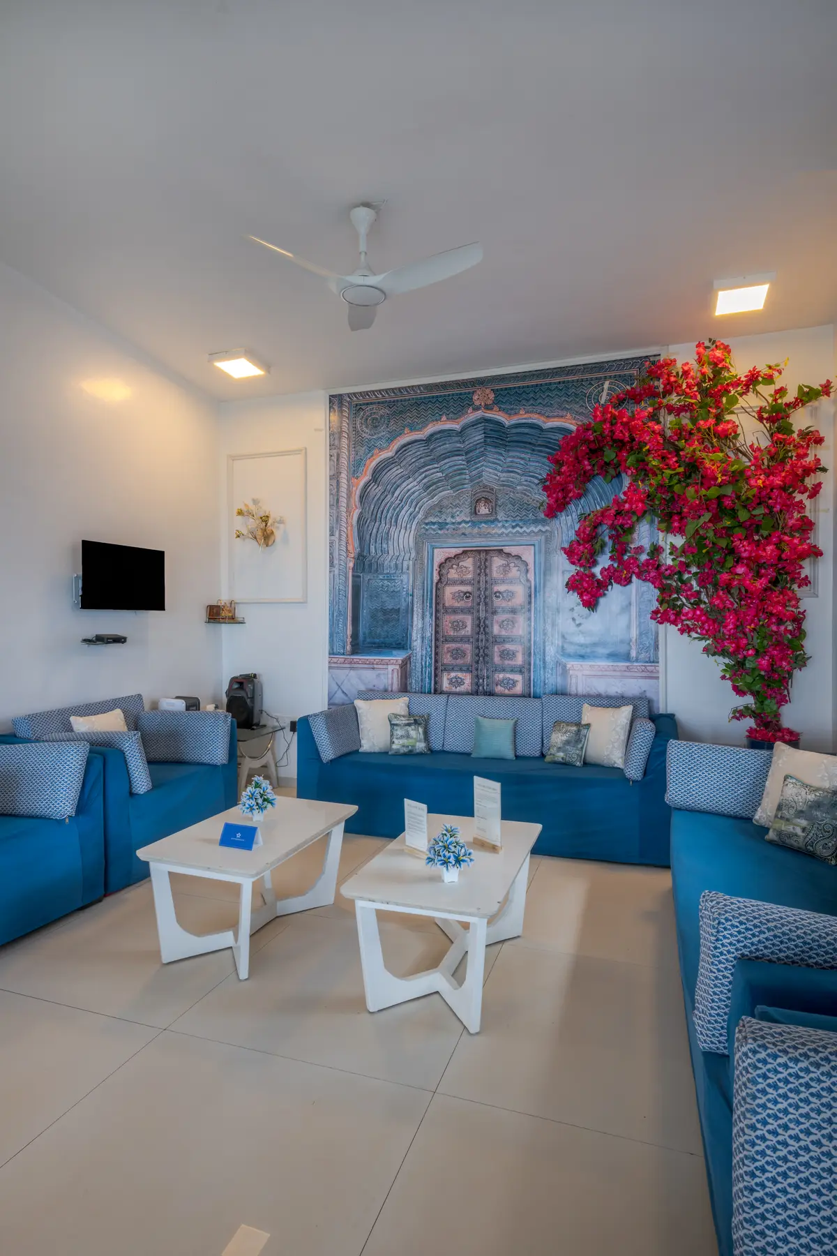 Relax in airy, blue-and-white interiors that bring a touch of Greece to your hilltop retreat