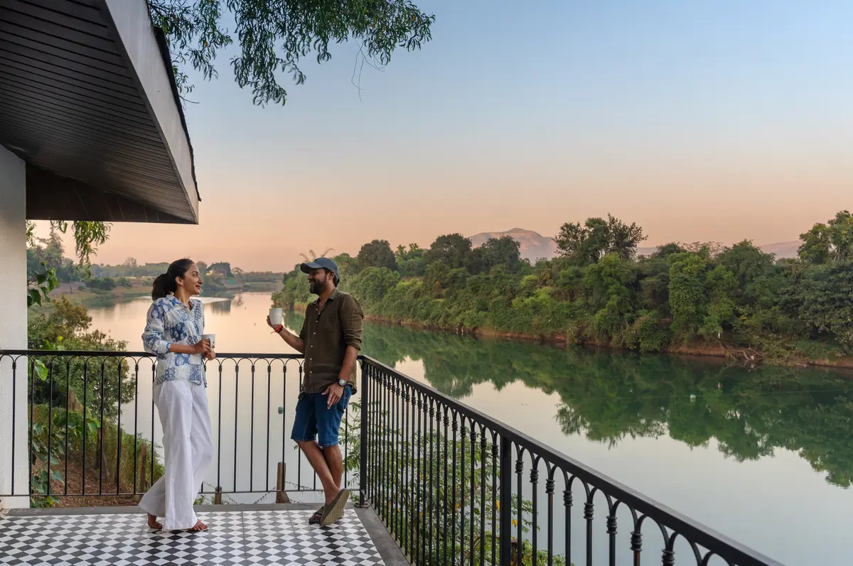 Wake up to the gentle flowing streams with golden reflections with a hot cup of coffee