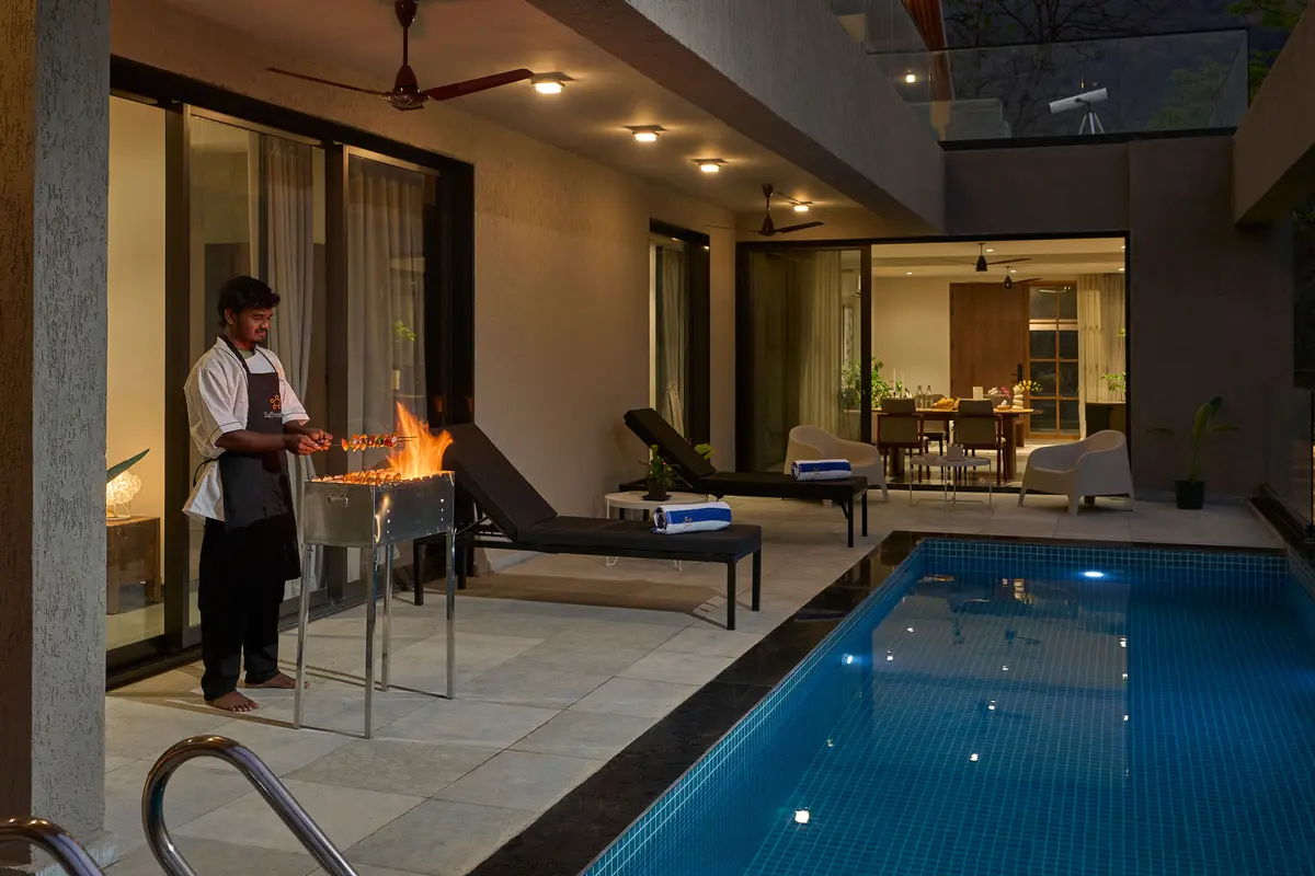 Enjoy a fresh grilled veg barbecue by the pool.