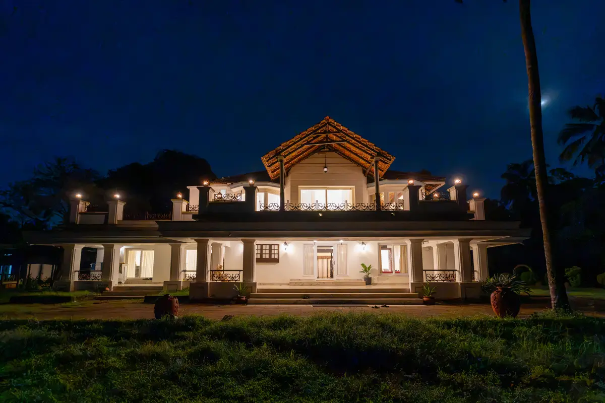 The estate takes on a magical glow after sunset.