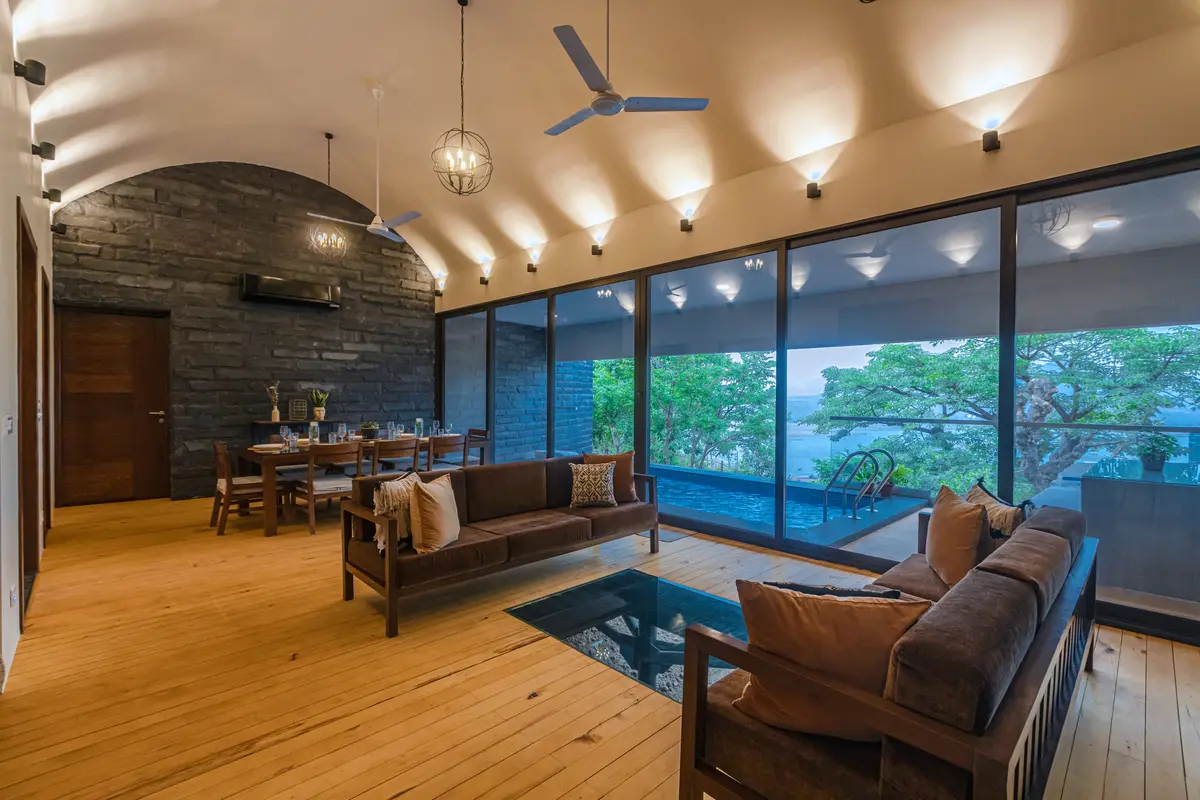 Be sure to catch the seasonal stream flowing under the villa from the glass floor in the living room