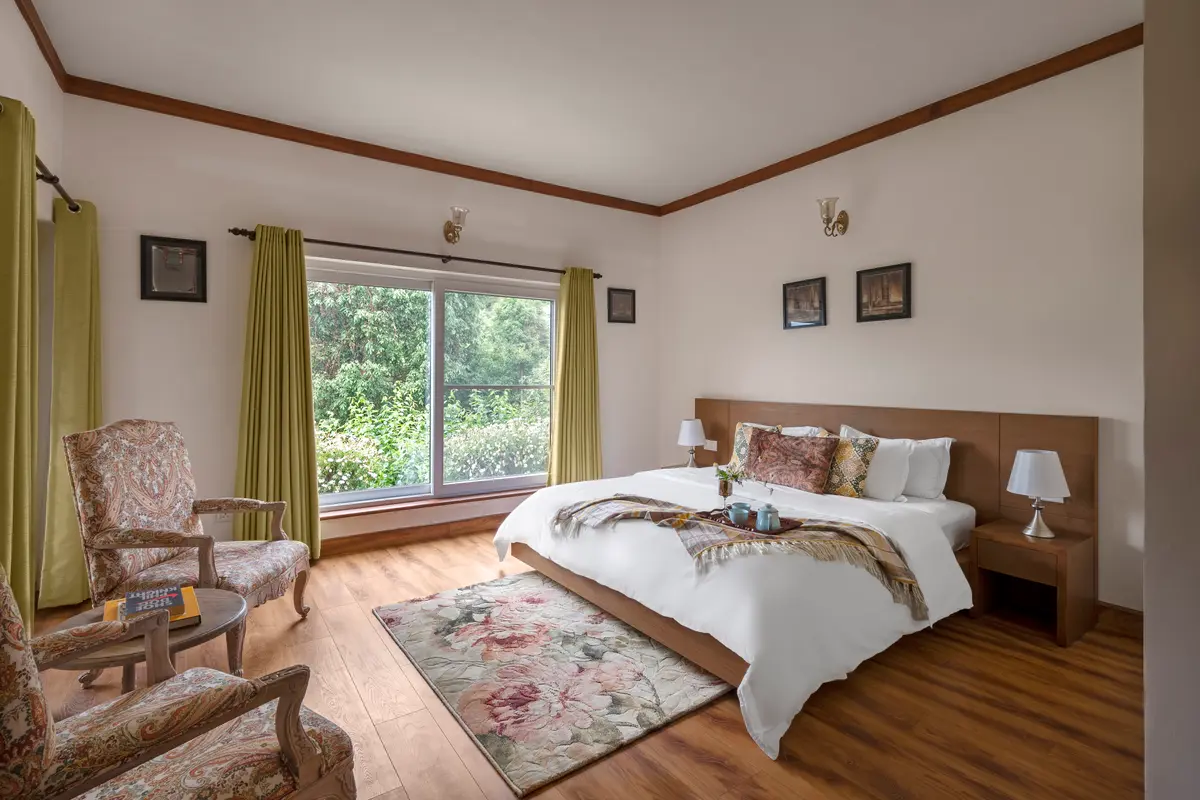 Orchids and nature's charm grace this room's view.