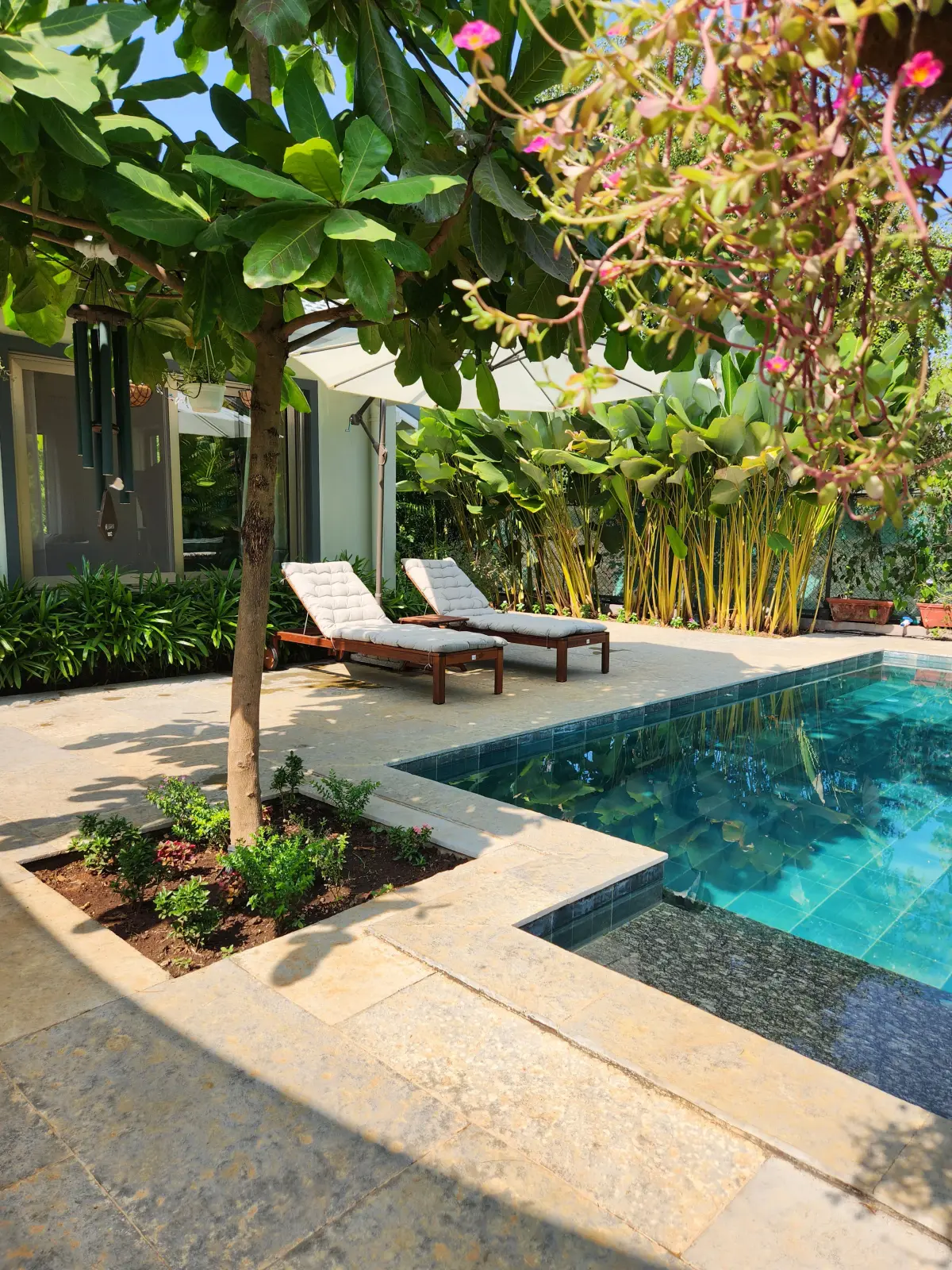 Relax by the pool, embraced by lush greenery.