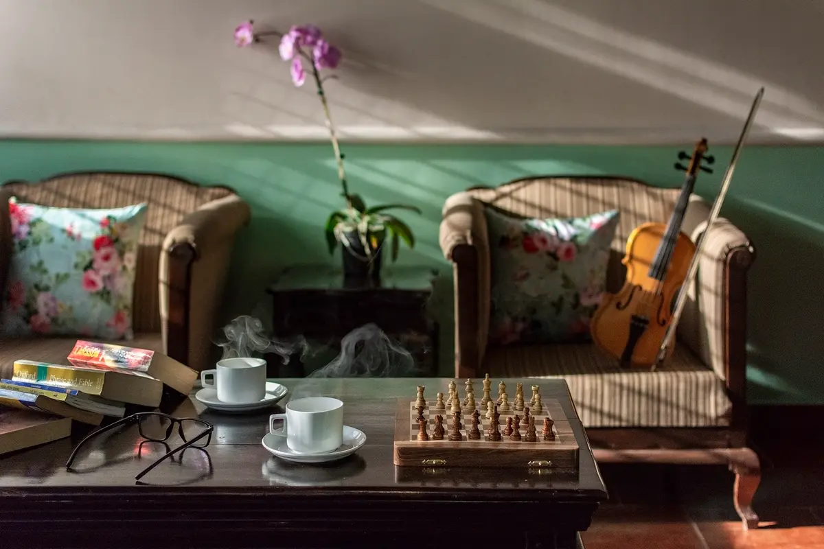 A well-stocked library, plenty of greens and shaft of sunlight entering the rooms lend a charming vibe to the home.