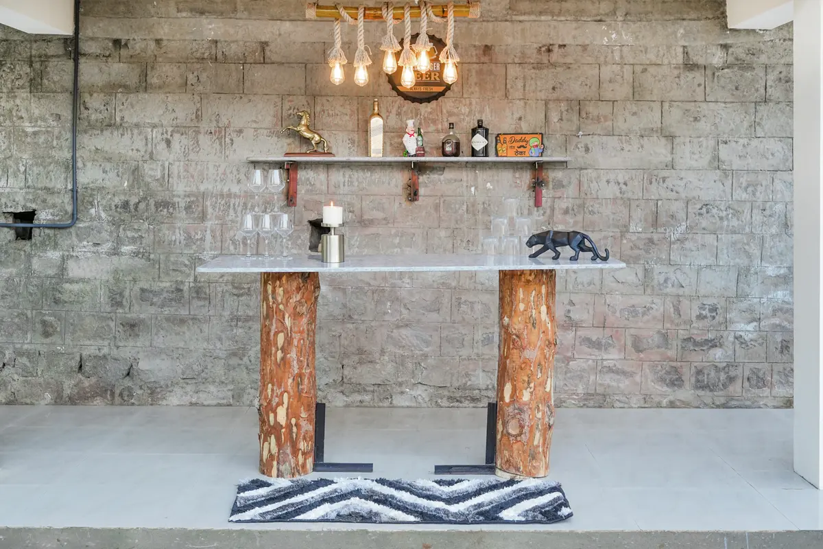Rustic bar setup with décor.