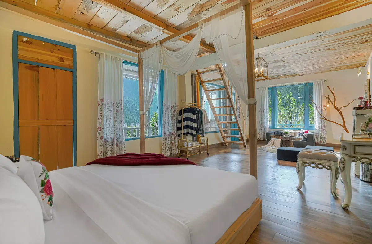 Cozy bedroom with rustic charm and modern comforts