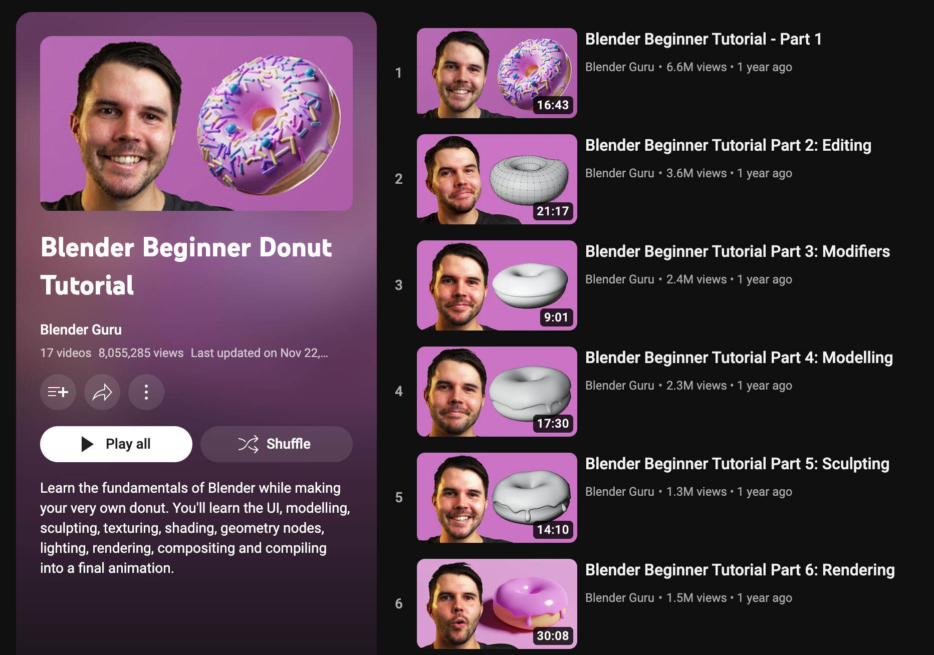 blender donut tutorial YouTube playlist
