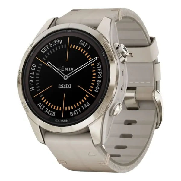 GARMIN Fenix 7S Pro Sapphire Solar Soft Gold Limestone Leather Strap