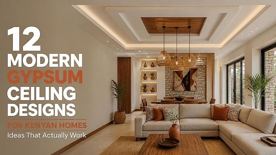 Modern geometric tray gypsum ceiling with warm LED cove lighting in a Kenyan living room