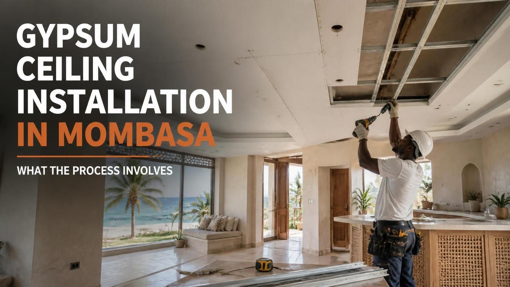 Professional technician installing heavy gauge galvanized steel framing for a gypsum false ceiling in a Nyali villa