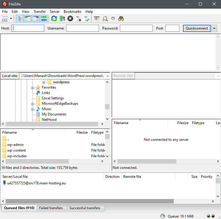 FileZilla FTP Client- instal wordpress manually