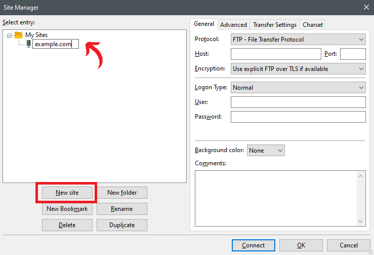 Filezilla_site_manager_new_site- install wordpress manually