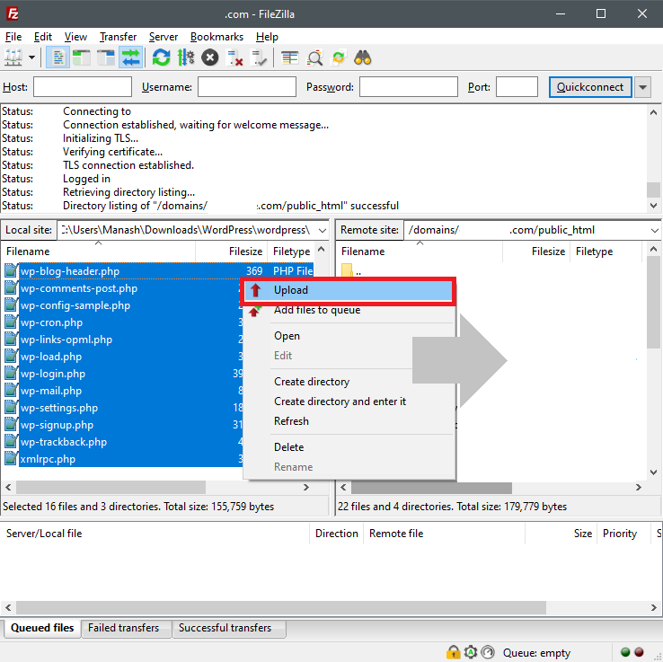 upload file using filezilla- install wordpress manually