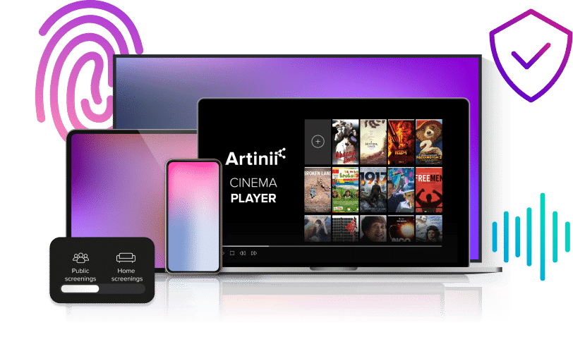 A laptop with Artinii Cinema Player app open on the screen. Behind the laptop, there's a phone, tablet, and a big screen.