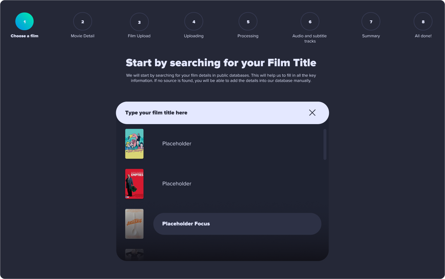 Screenshot of Artinii Delivery platform. Window with title 'Start by searching for your Film Title' is visible