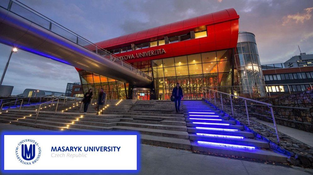 Masaryk University, Czech Republic — illuminated campus building at dusk