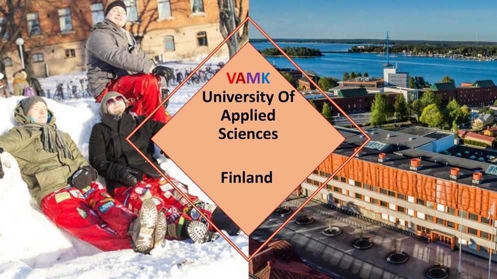 VAMK University of Applied Sciences, Finland — students in the snow and the campus by the sea