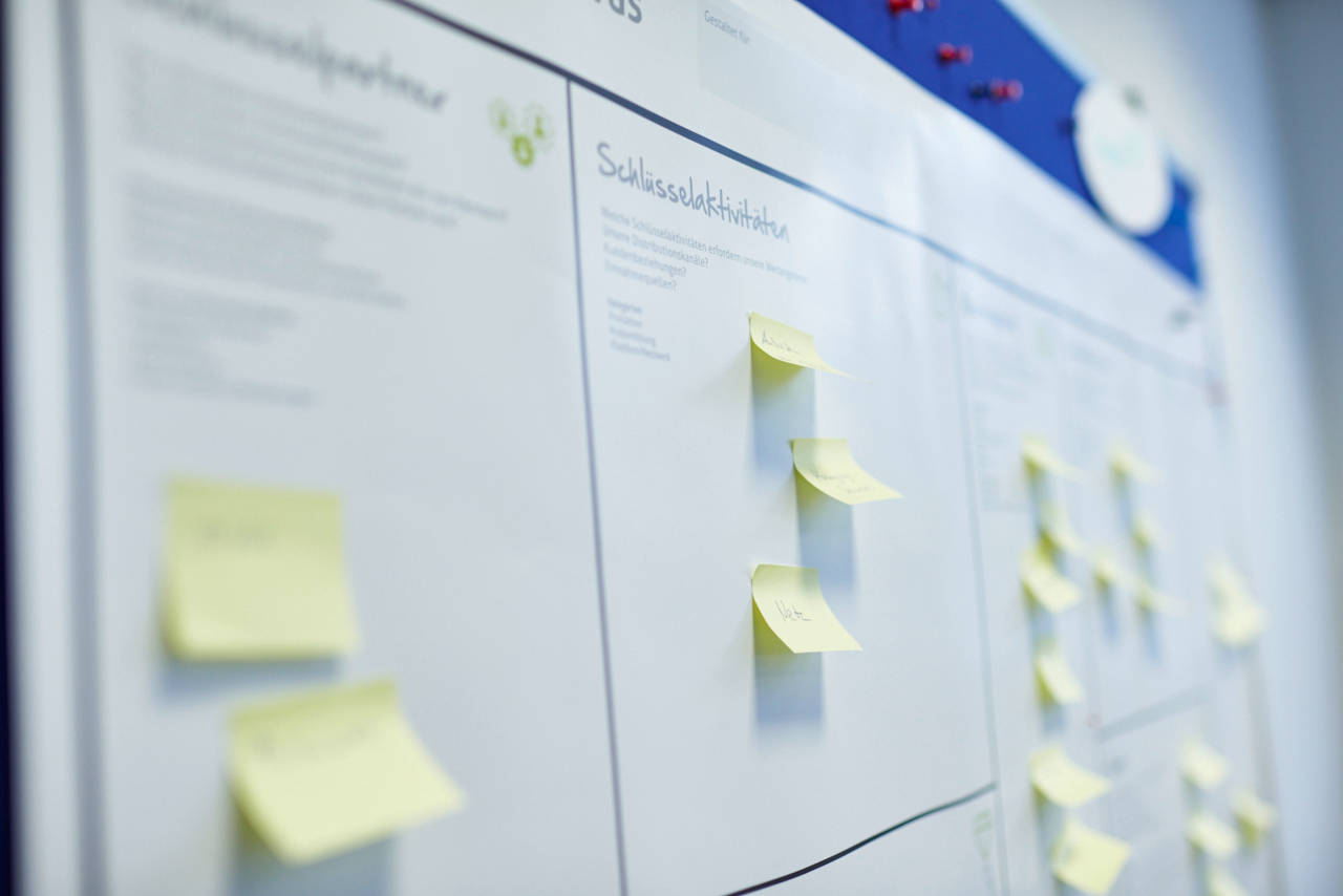 Whiteboard mit Notizzetteln aus einer Gruppenarbeit