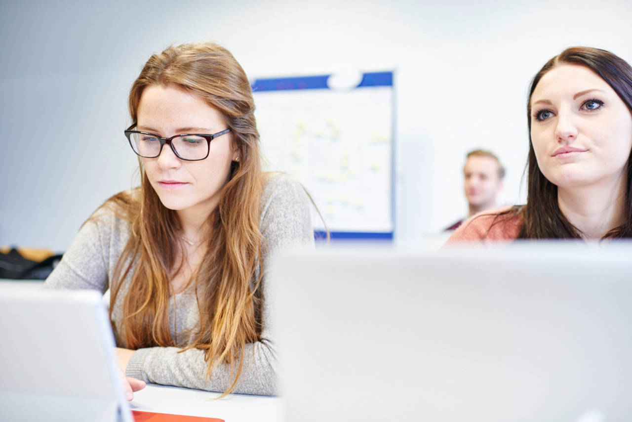 Studierende arbeiten am Laptop im Seminarraum