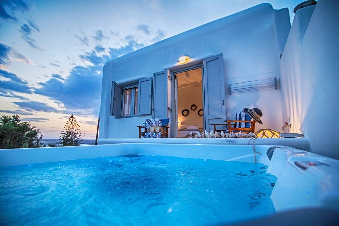 Alluring Mykonos Villa | Villa Fiorita | 2 Bedrooms | Private Terrace with Luxurious Heated Jacuzzi | Spectacular Views of Town & Sea | Tourlos