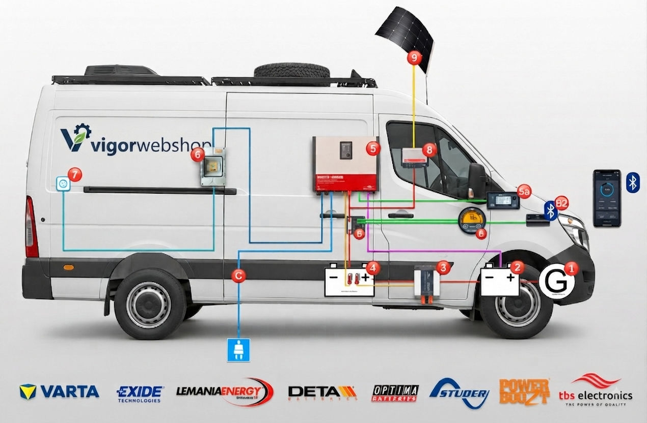 Schematisch overzicht van het energiesysteem in een bedrijfswagen van vigorwebshop