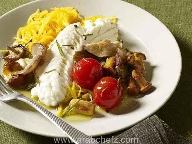 طريقة تحضير Bass Agrodolce with Squash and Mushrooms طبق سمك باس أغرو دولتشي مع القرع والمشروم