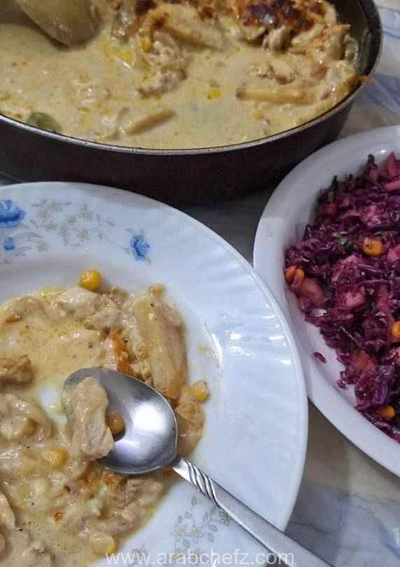 صينية شرائح دجاج بالبطاطا والكريمة