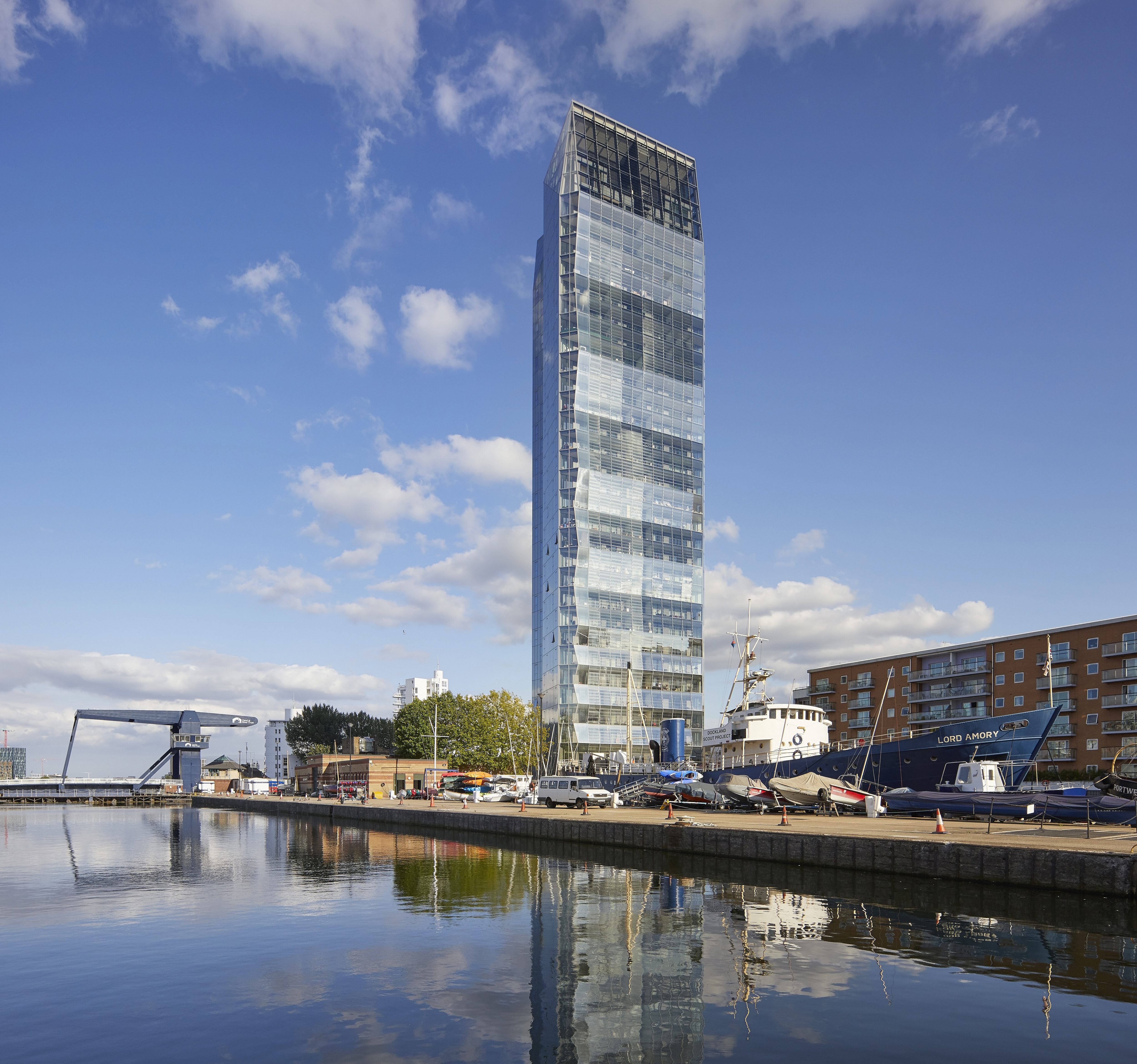 View of Dollar Bay, tall glass building at Canary Wharf