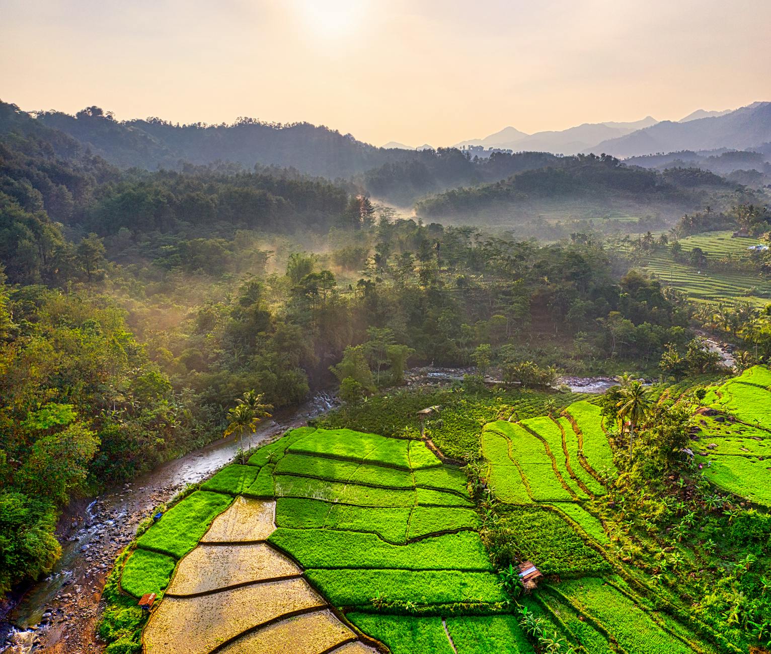 Stunning aerial view of green terraced rice fields nestled in a picturesque mountainous valley.
