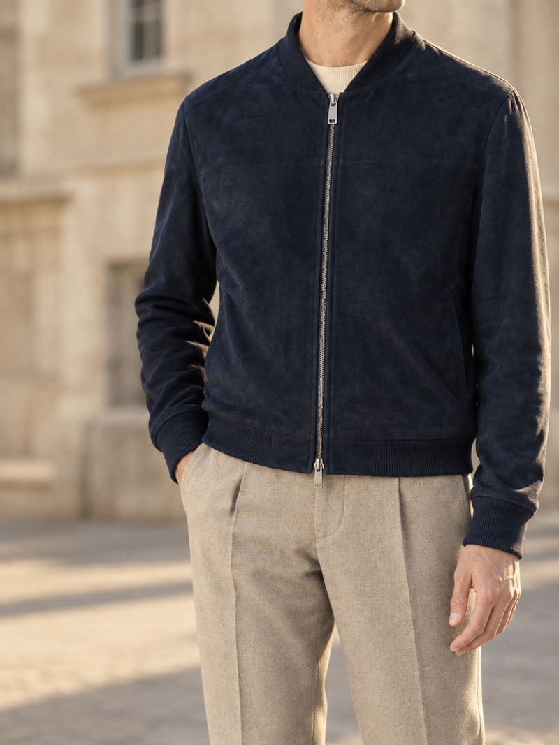 Navy suede bomber worn with stone wool trousers