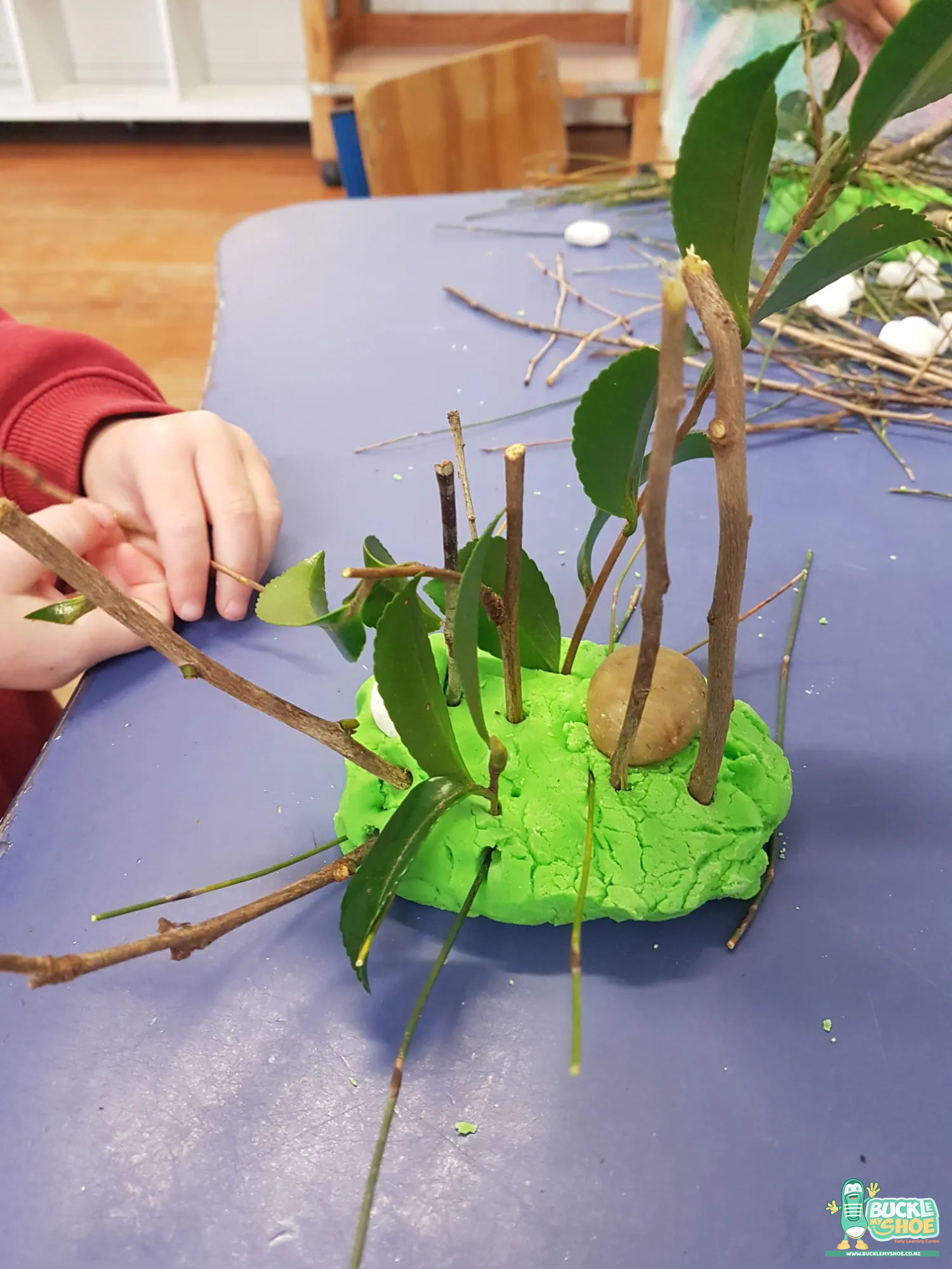 Buckle My Shoe Tauranga & Papamoa | Childcare, Preschool, Daycare | A finished miniature forest featuring twig trees and leaf covered ground.