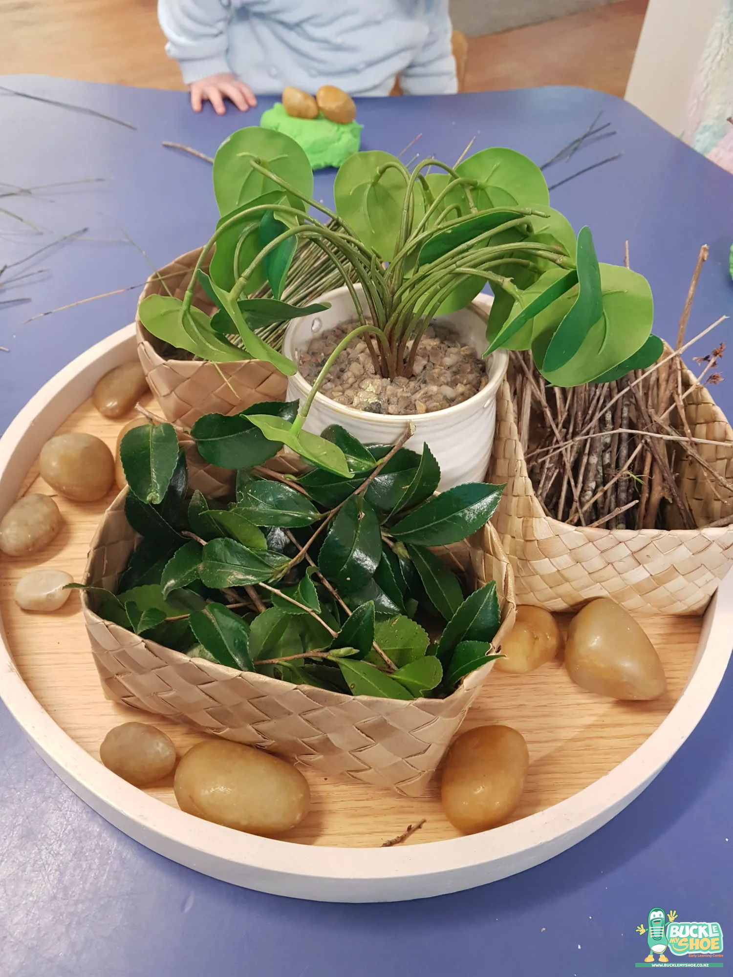 Buckle My Shoe Tauranga & Papamoa | Childcare, Preschool, Daycare | A collection of smooth river rocks and twigs arranged on a table.