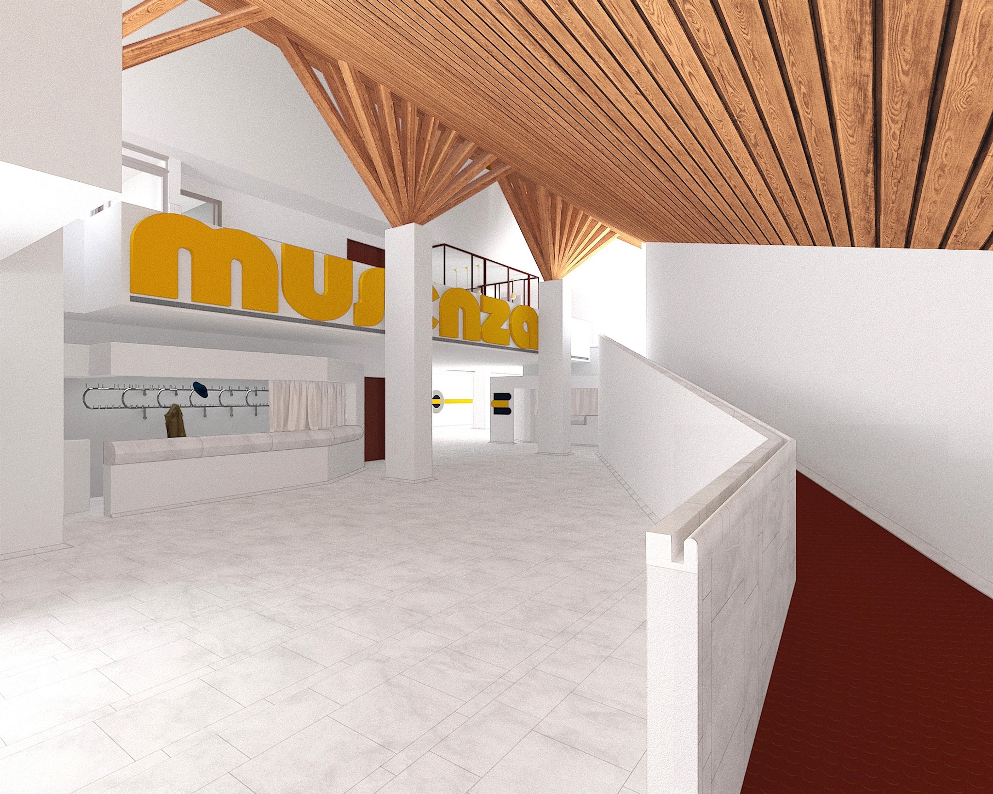Das Foyer dient neu als Empfang der Musikschule, es ist kaum verändert. Visualisierung: Buol & Zünd