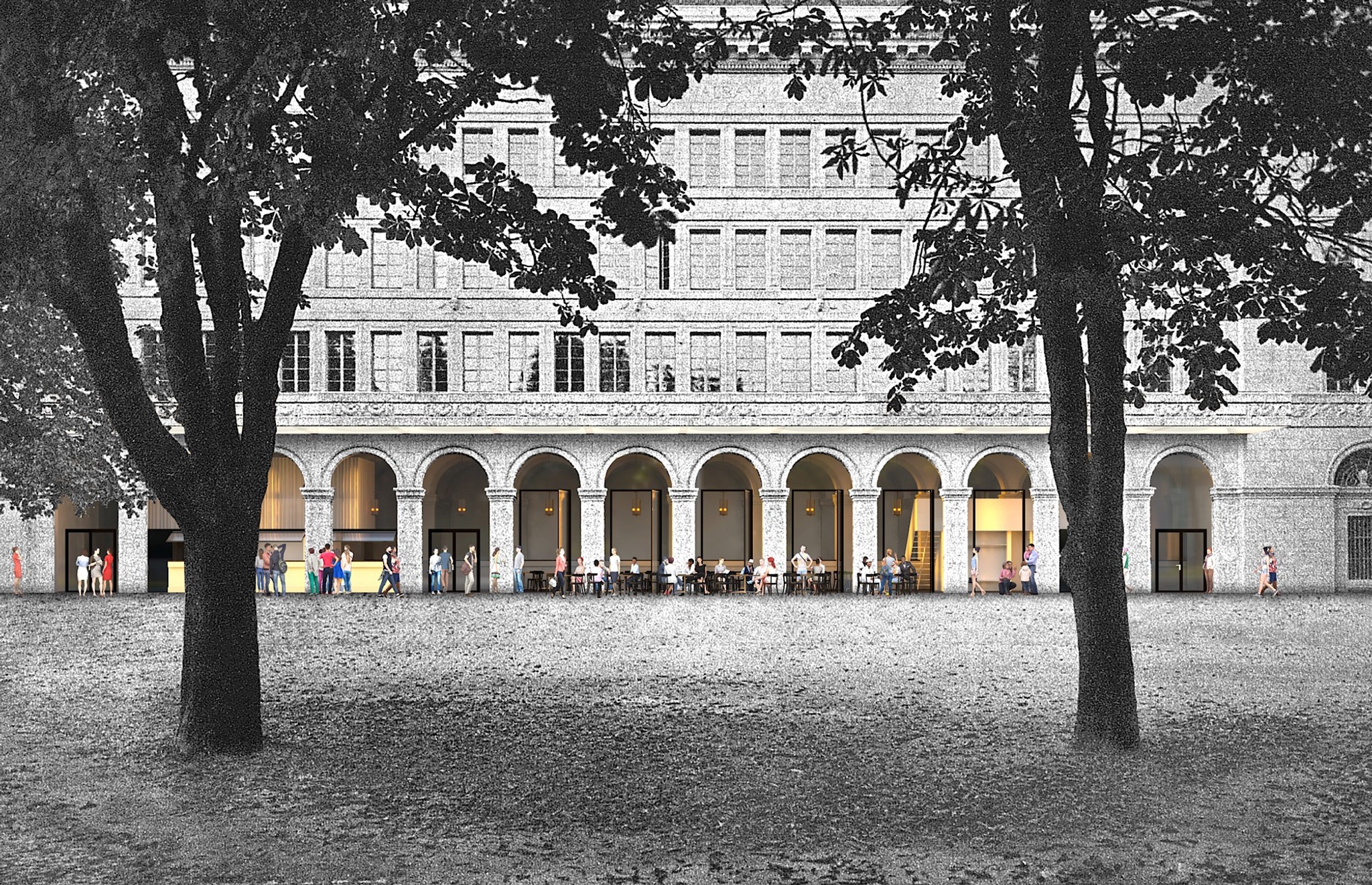 Die bis anhin vergitterte Fassade der Nationalbank öffnet sich mit grossen Toren zum Platz. Visualisierung: MMXVI