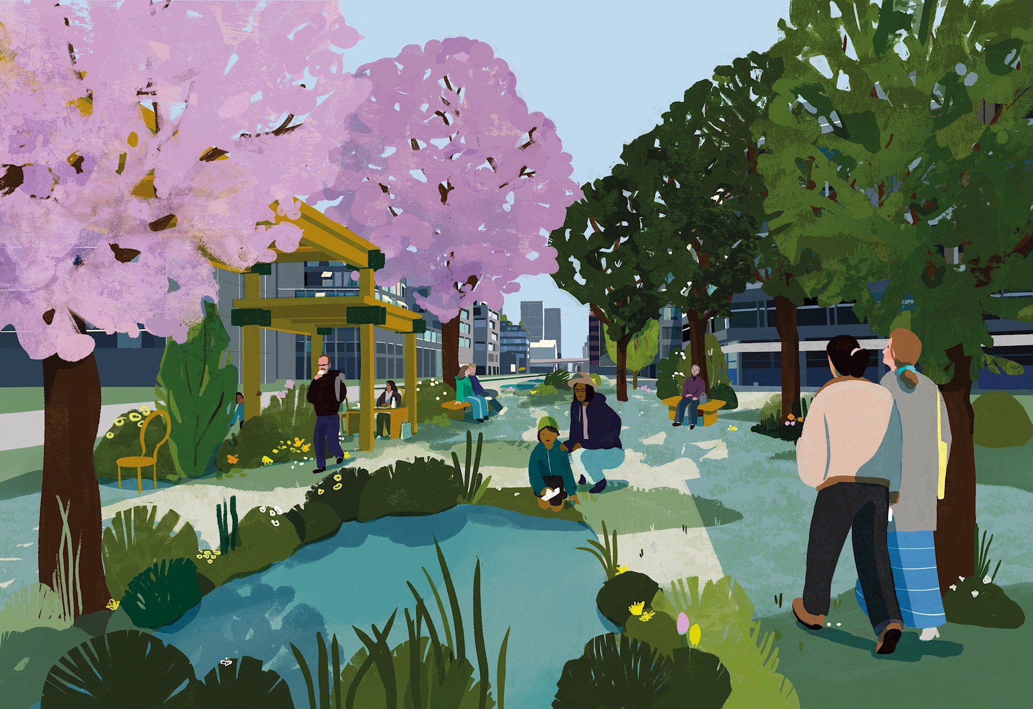 So könnte die Pfingstweidstrasse aussehen: Blick von der Kreuzung Turbinenstrasse Richtung Hardbrücke (Illustration: Nicole Vögeli)