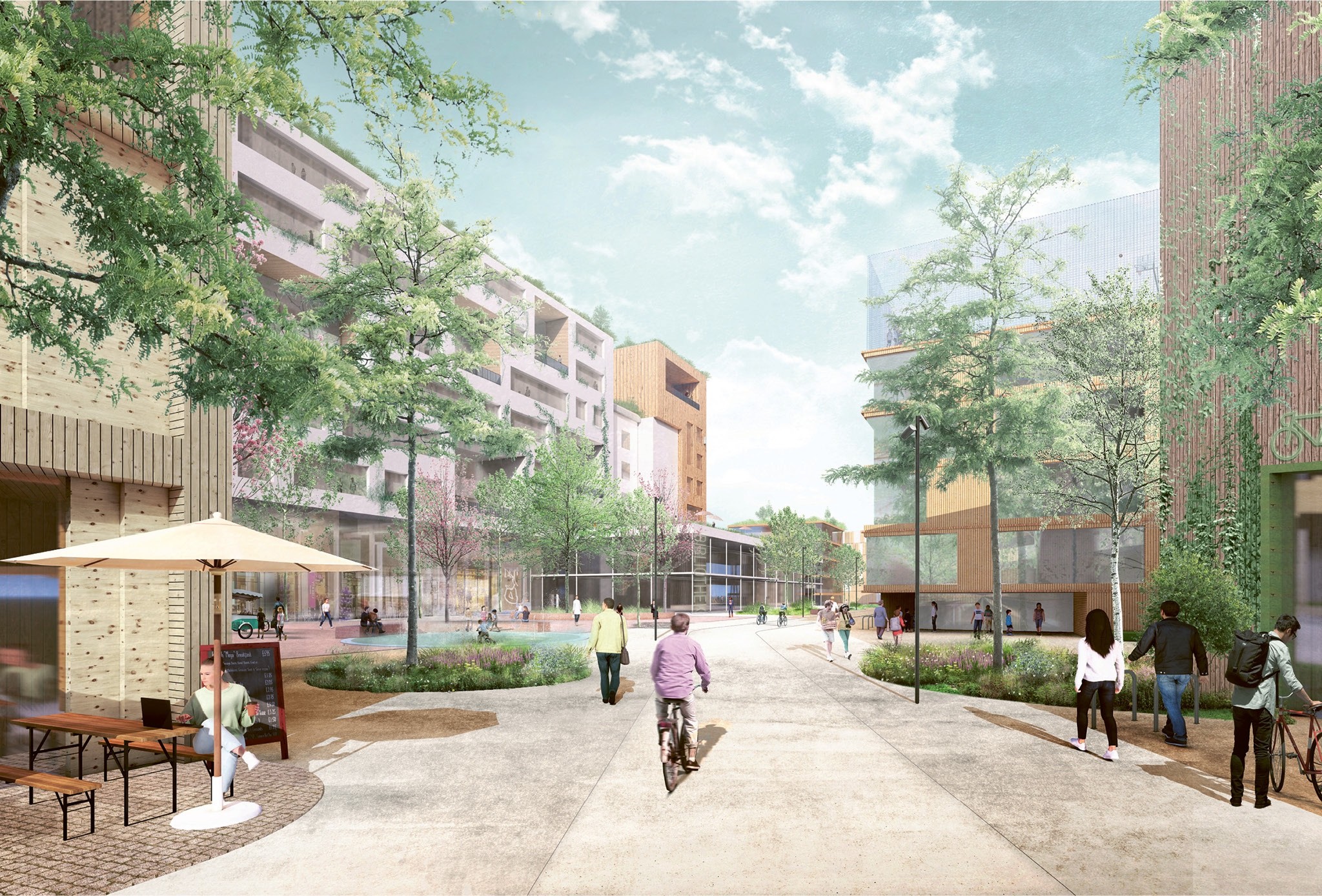 Der künftige Quartiersplatz, von Westen her gesehen. (Visualisierung: Studio Wessendorf)