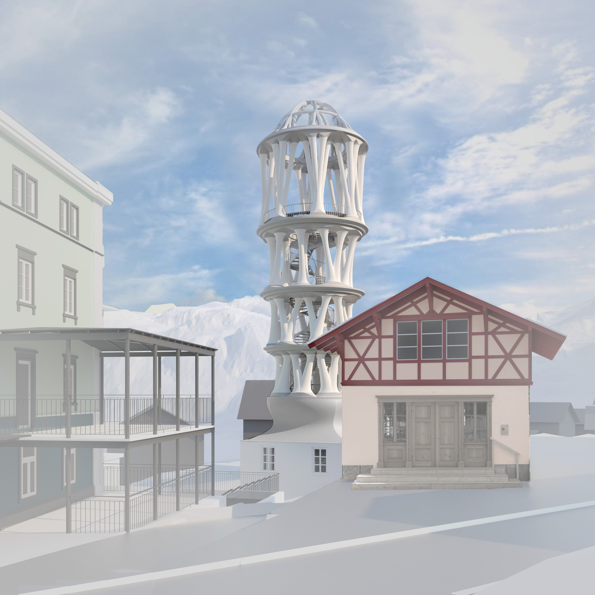 Das neue Rendering des weissen Turms in Mulegns.