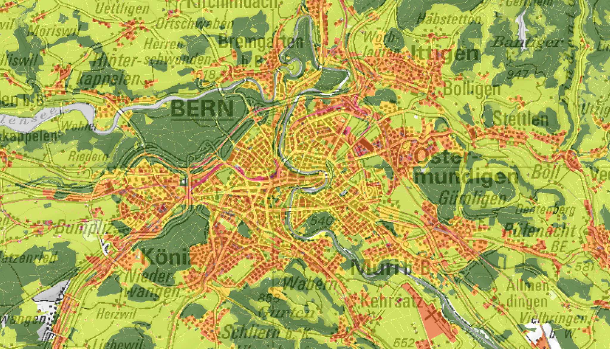 Je roter, desto heisser: Das zeigt die Klimakarte des Kantons Bern.