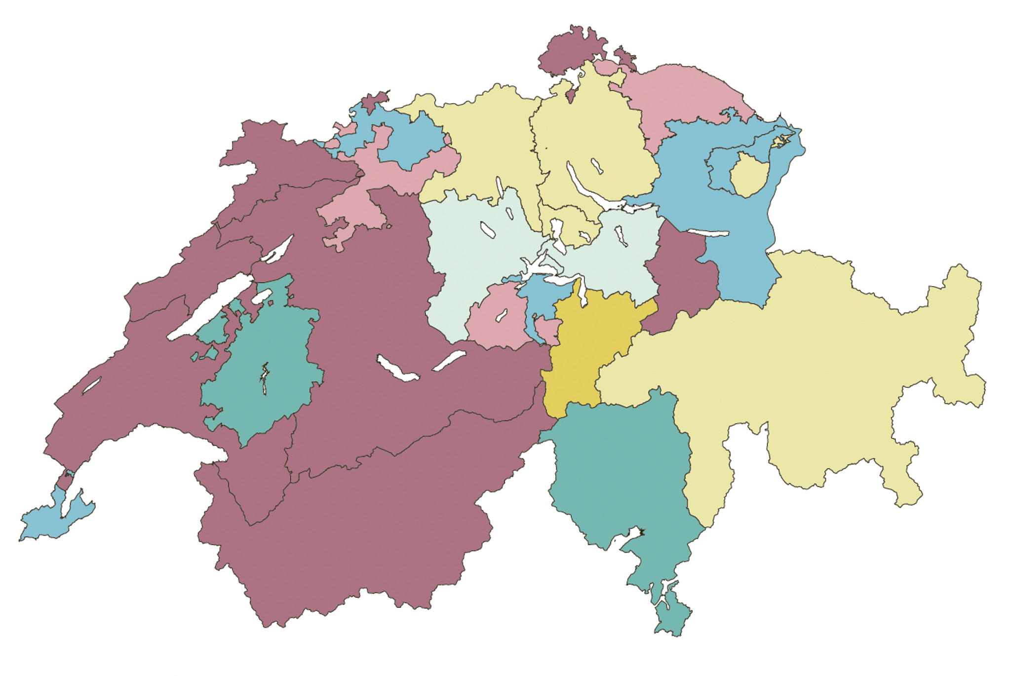(Fast) jedem Kanton seine Mehrwert-Regelung: Die Schweiz als Patchwork-Teppich. (Legende siehe weiter unten)